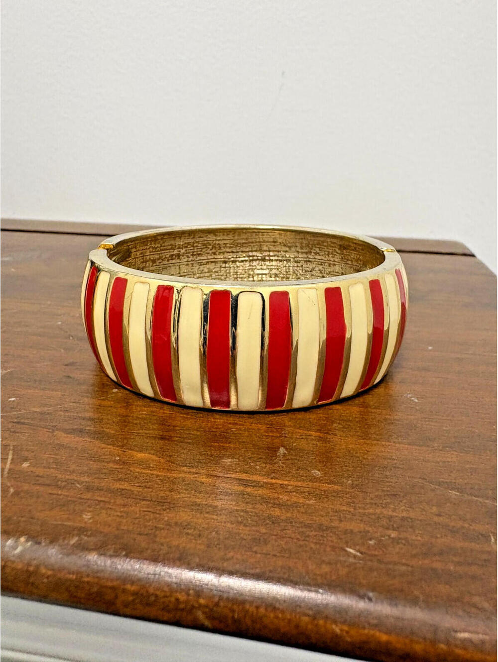 Vintage Gold Tone Clamper Bracelet w/ Red & Cream Enamel Stripes 80's Glam